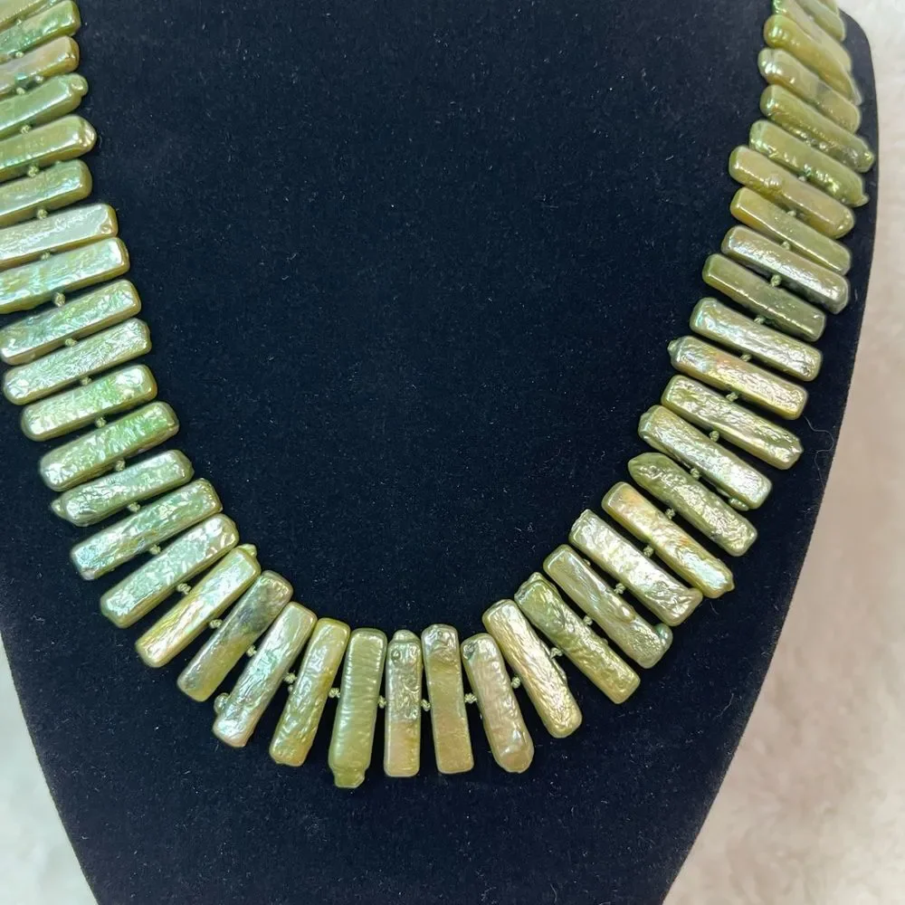 Freshwater Pearl Necklace Pale Green Rectangular Baroque Pearls